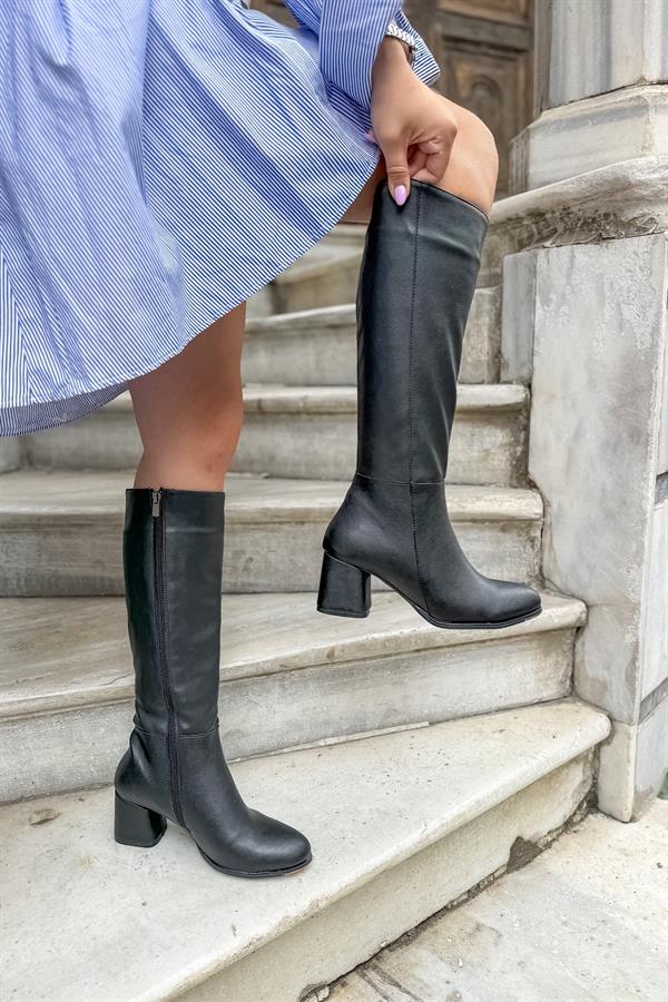 Blear Siyah Cilt Kadın Fermuarlı Topuklu kadın Çizme