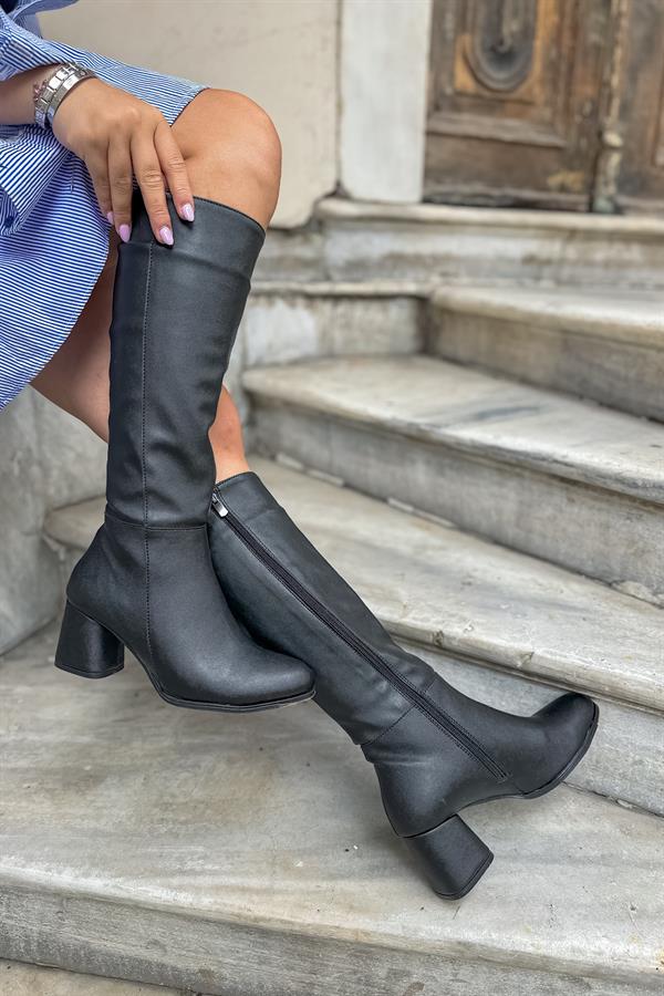 Blear Siyah Cilt Kadın Fermuarlı Topuklu kadın Çizme