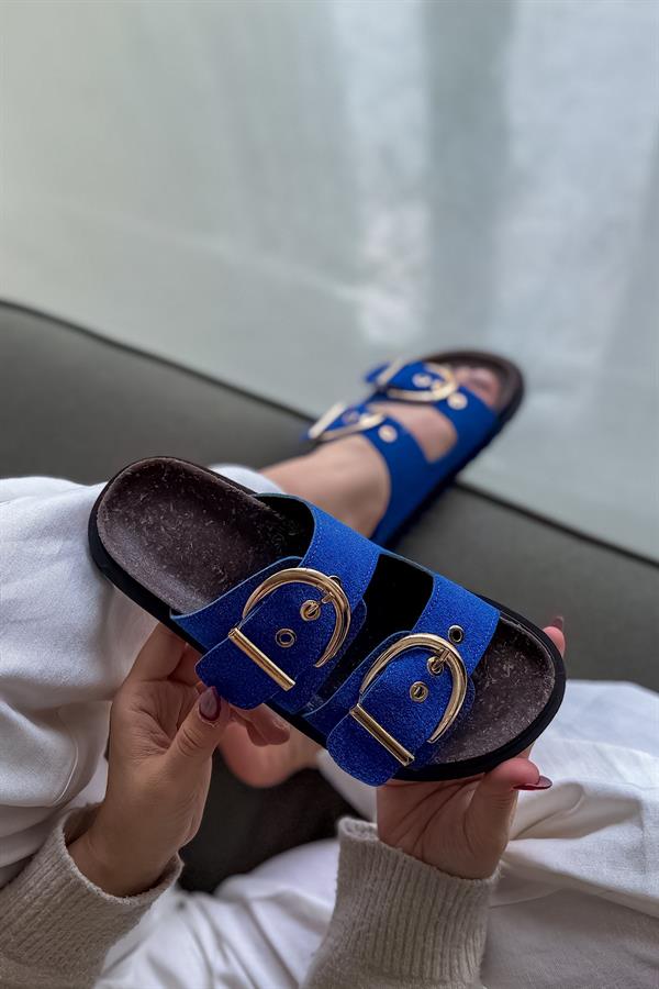 Boris Mavi Çift Toka Detaylı Kadın Terlik