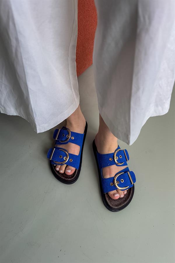 Boris Mavi Çift Toka Detaylı Kadın Terlik