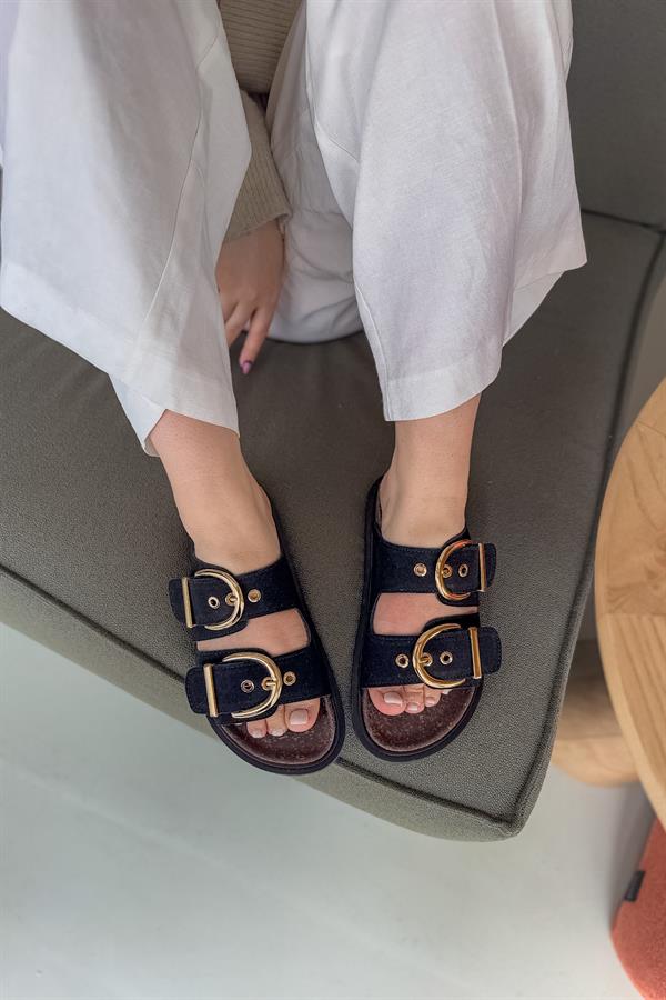 Boris Siyah Süet Çift Toka Detaylı Kadın Terlik