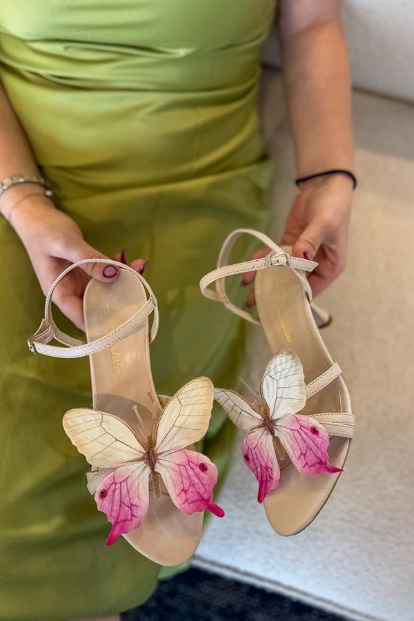 Butter Bej Pudra Kelebek Detaylı Kadın Topuklu Ayakkabı