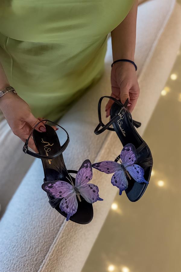 Butter Siyah Mor Kelebek Detaylı Kadın Topuklu Ayakkabı