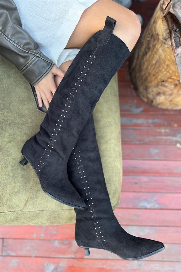 Cily Siyah Süet Gold Pim Detaylı Kadın Topuklu Çizme