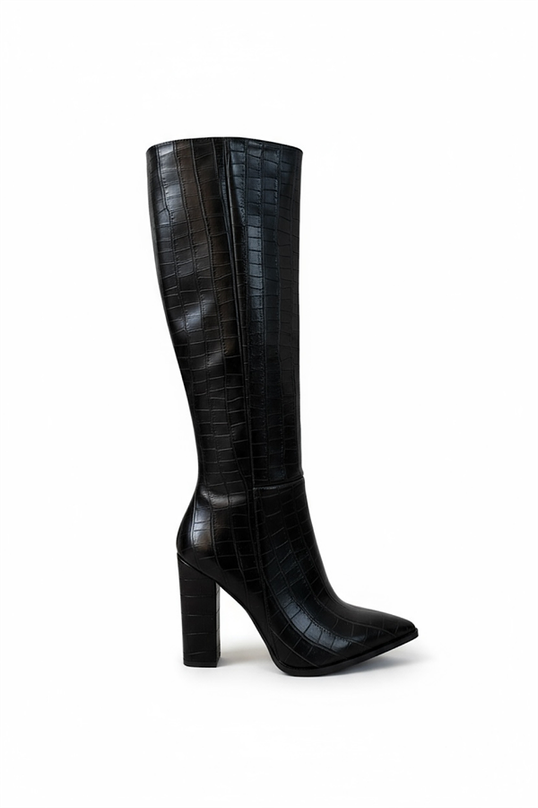 Dakota Siyah Kroko Fermuar Detaylı Kadın Topuklu Çizme