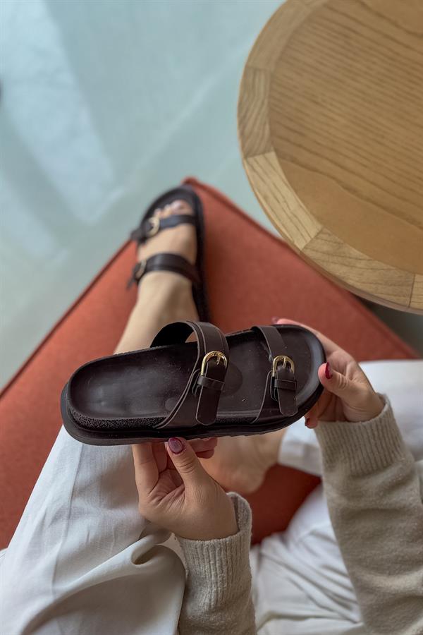 Darrel Acı Kahve Çift Biyeli Kadın Topuklu Terlik