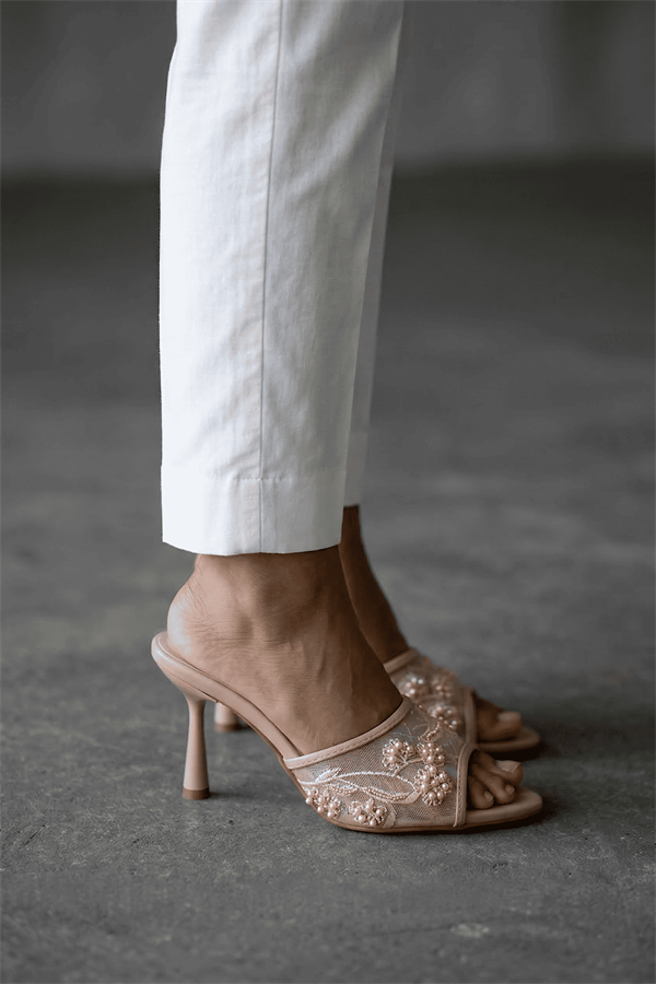 Dodi Bej Dantel Boncuk İşleme Detaylı Kadın Topuklu Terlik