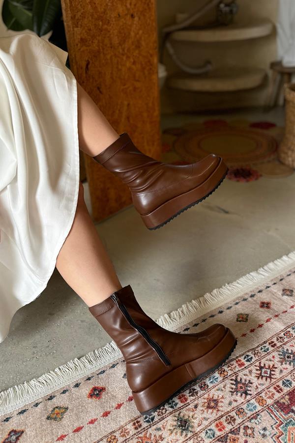 Drok Acı Kahve Cilt Steç Fermuar Detaylı Kadın Bot