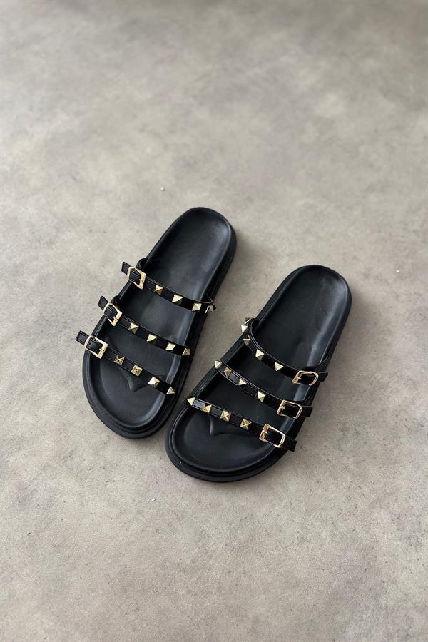 Eyte Siyah Cilt Gold Zımba Detaylı Kadın Terlik