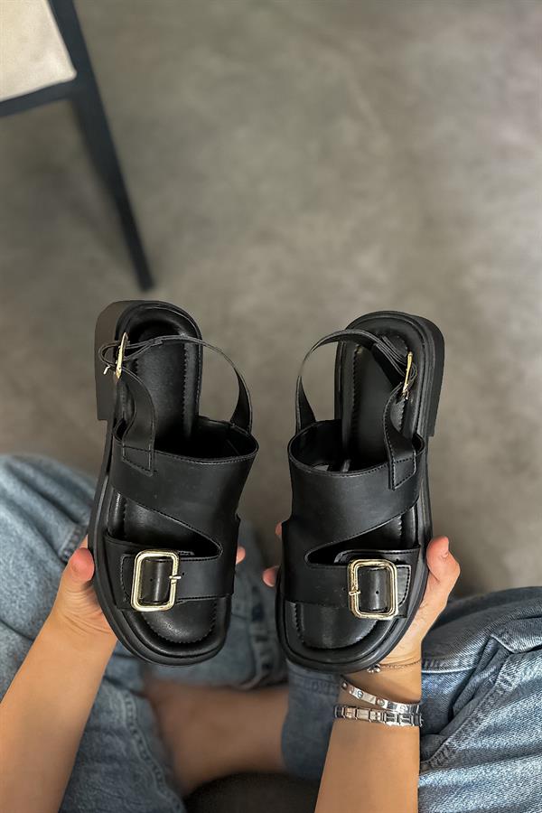 Goldiee Siyah Çift Kemer Detaylı Kadın Sandalet
