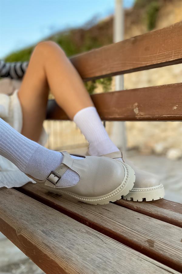 Gray Bej Cilt Tokalı Makosen Kadın Loafer Ayakkabı