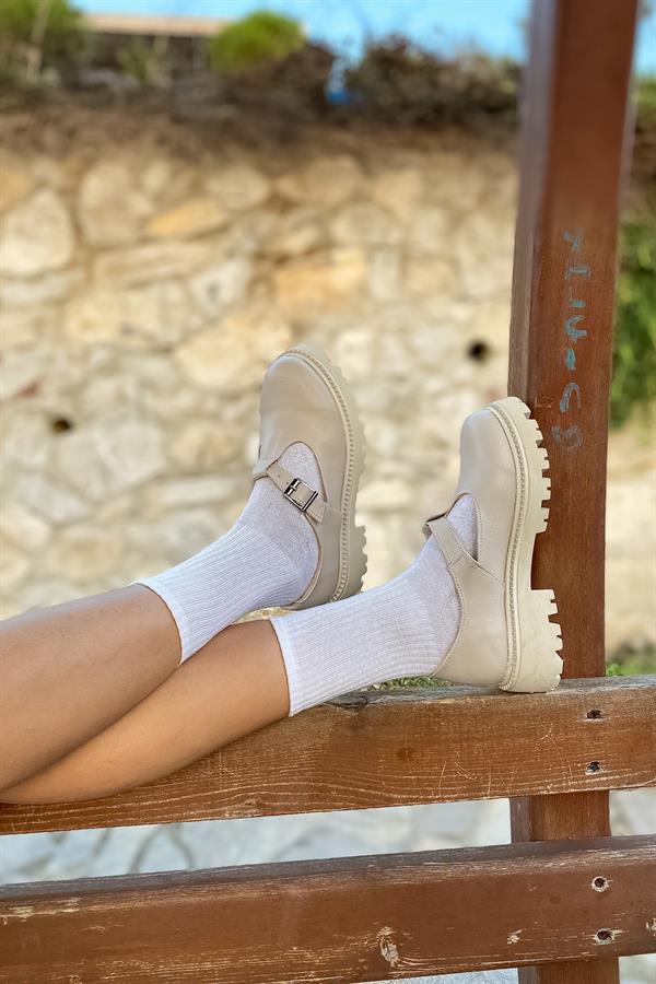 Gray Bej Cilt Tokalı Makosen Kadın Loafer Ayakkabı