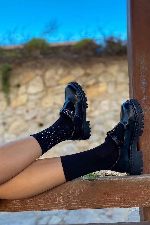 Gray Siyah Rugan Tokalı Makosen Kadın Loafer Ayakkabı