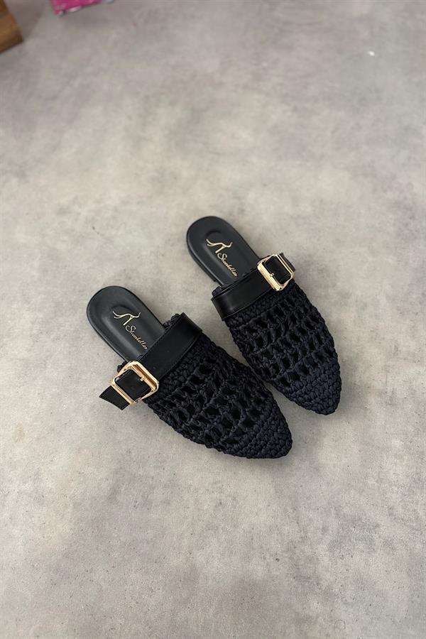 Hoi Siyah Örgü Kemer Detaylı Kadın Terlik