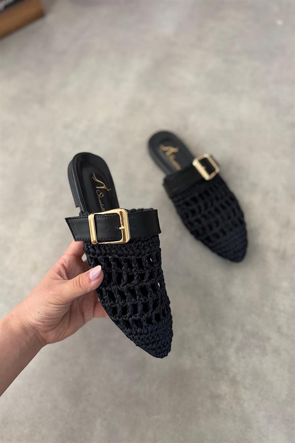 Hoi Siyah Örgü Kemer Detaylı Kadın Terlik