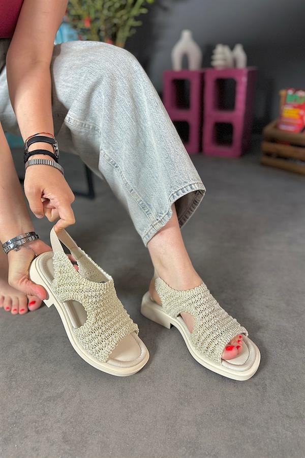 Hory Bej Deri Örgü Detaylı kadın Sandalet