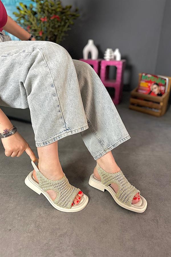 Hory Bej Deri Örgü Detaylı kadın Sandalet