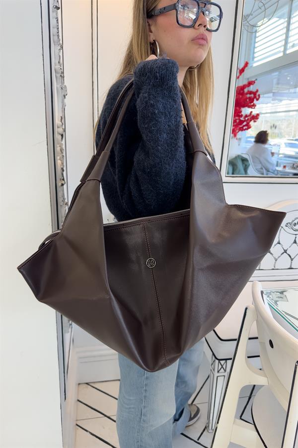 Jule Acı Kahve Mat Fermuarlı Büyük Kadın Kol Çantası