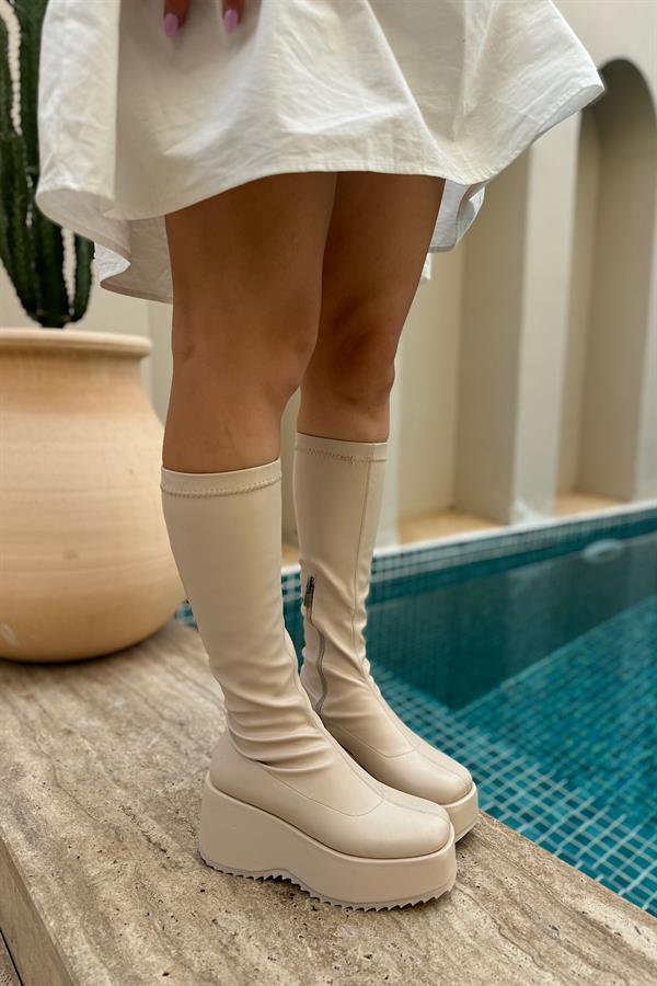 Kias  Bej Streç Fermuarlı Kadın Çizme