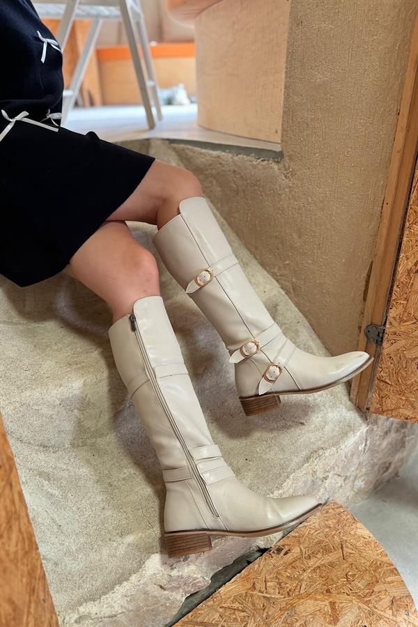 Kiev Bej Cilt Üç Tokalı Kadın Çizme