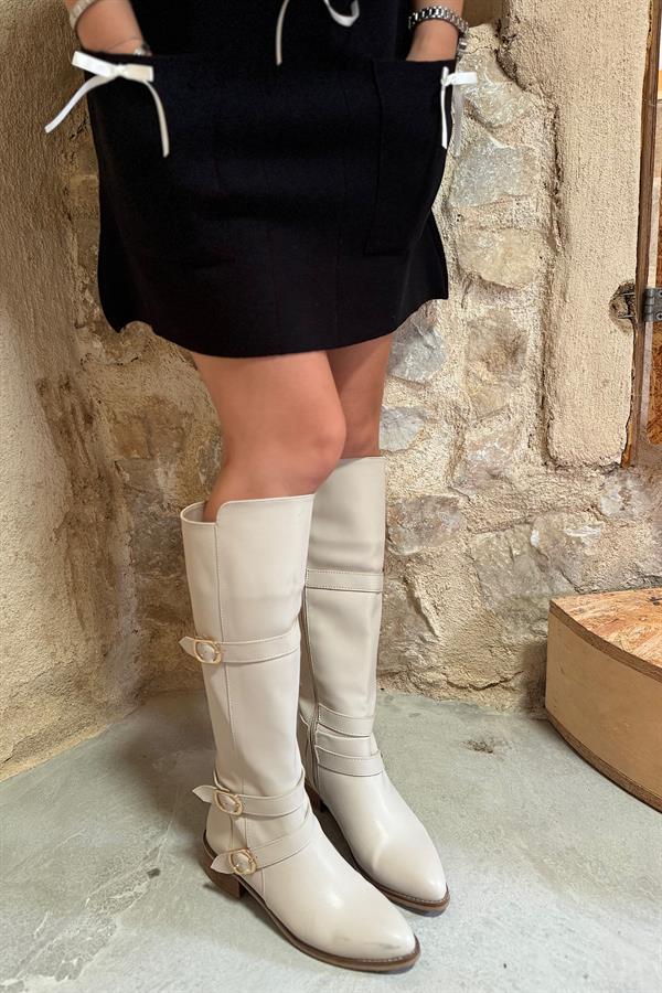 Kiev Bej Cilt Üç Tokalı Kadın Çizme