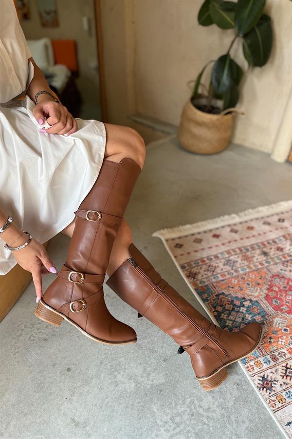 Kiev Taba Cilt Üç Tokalı Kadın Çizme