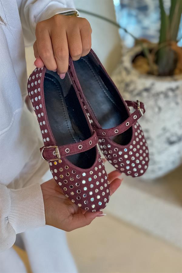 Klon Bordo Süet Taş  Detaylı Kadın Babet