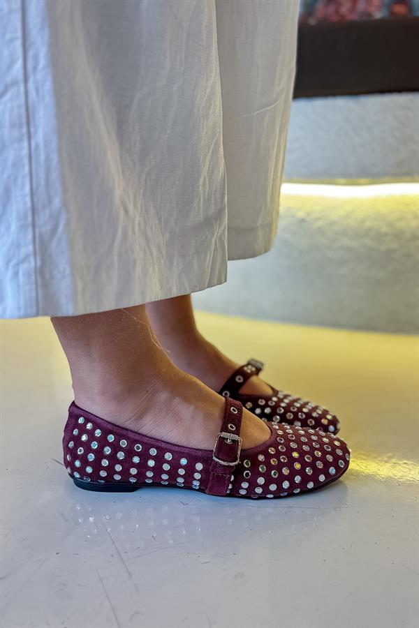 Klon Bordo Süet Taş  Detaylı Kadın Babet