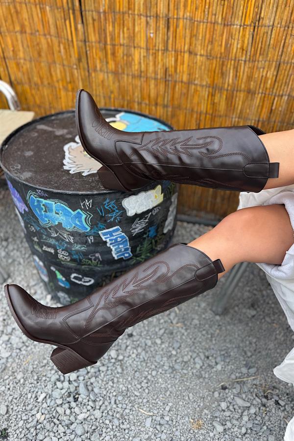 Kovy Acı Kahve Nakış İşleme Detaylı Kadın Kovboy Çizme