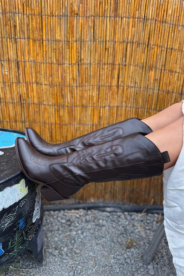 Kovy Acı Kahve Nakış İşleme Detaylı Kadın Kovboy Çizme