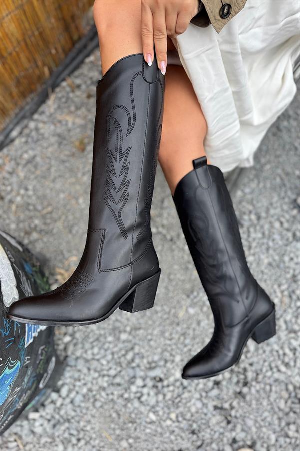 Kovy Siyah Nakış İşleme Detaylı Kadın Kovboy Çizme