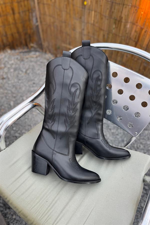 Kovy Siyah Nakış İşleme Detaylı Kadın Kovboy Çizme