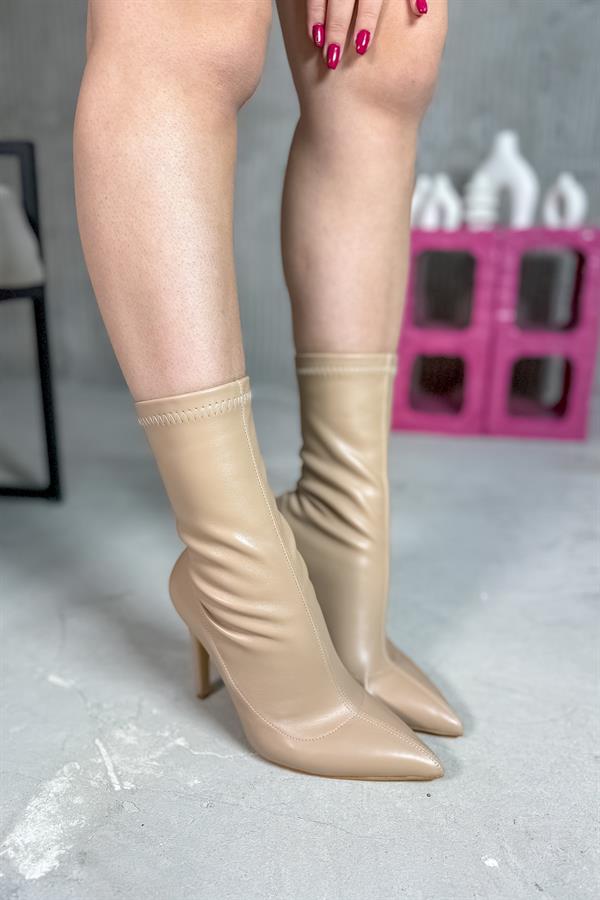 Linna Bej Cilt Streç Kadın Topuklu Bot