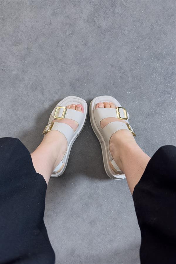 Lope Bej Çift Tokalı Kadın Sandalet