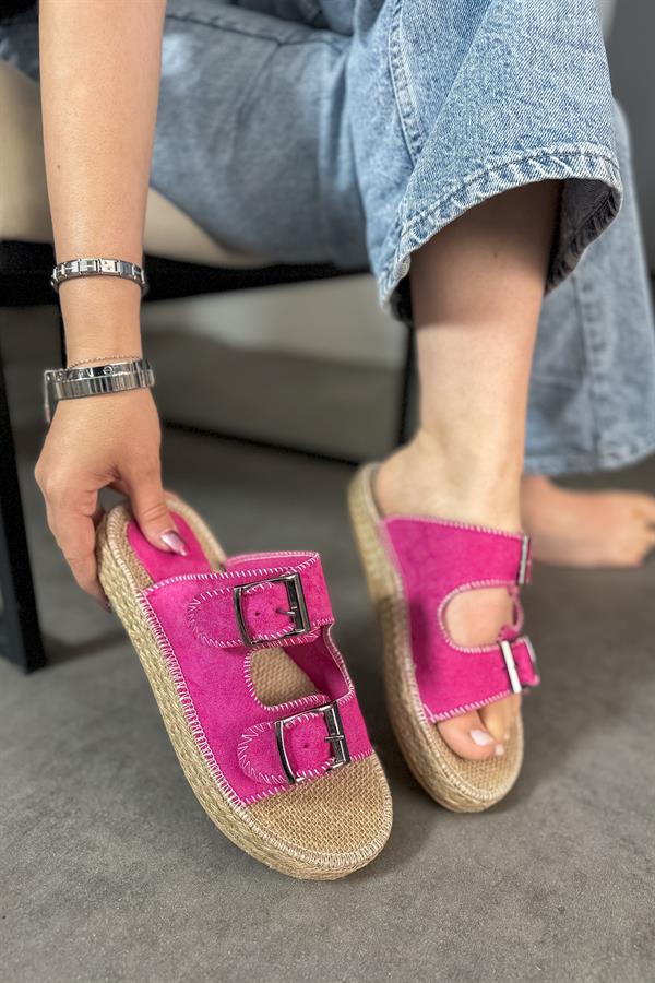 Luster Fuşya Süet Çift Toka Detaylı Kadın Terlik