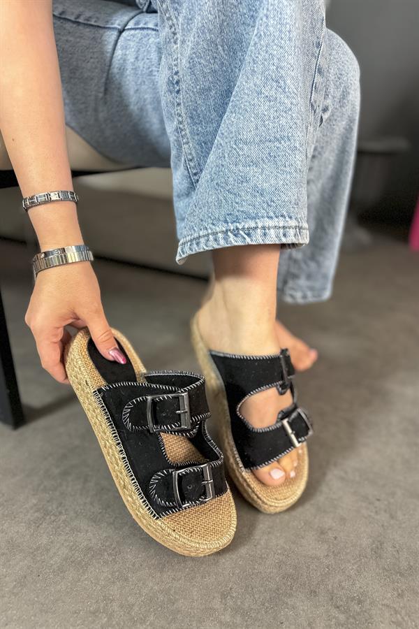 Luster Siyah Süet Çift Toka Detaylı Kadın Terlik
