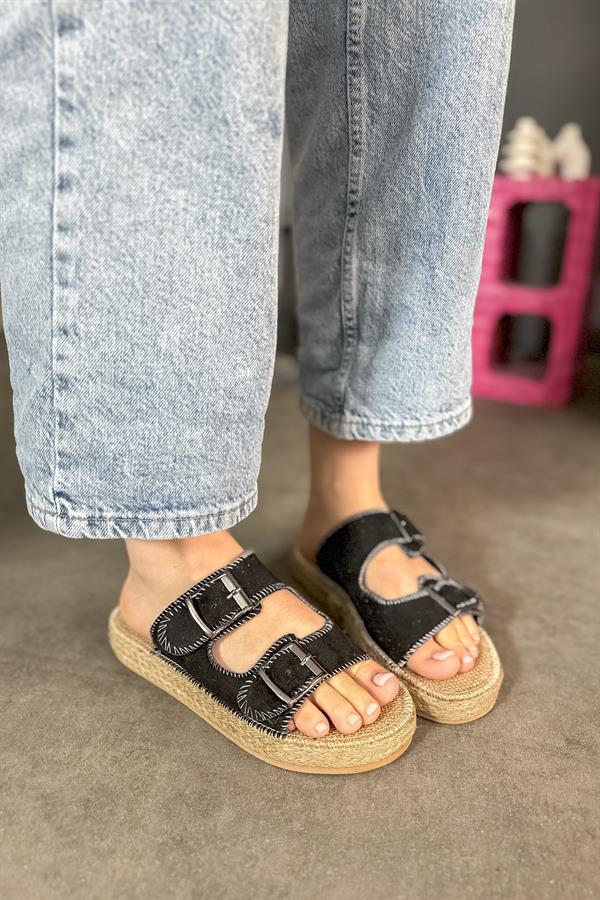 Luster Siyah Süet Çift Toka Detaylı Kadın Terlik