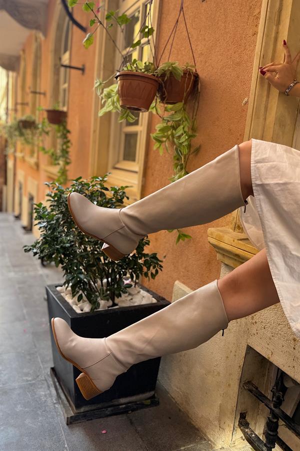 Mason Bej Asimetrik Detaylı Kadın Fermuarlı Çizme