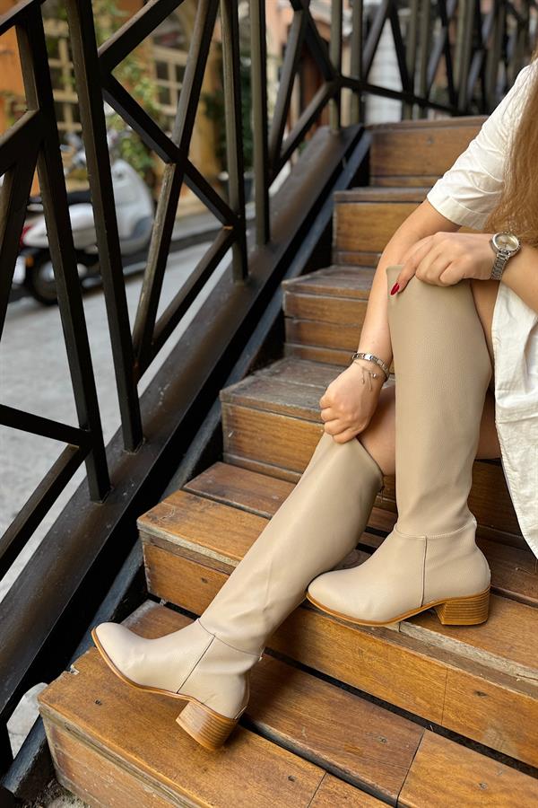 Mason Bej Asimetrik Detaylı Kadın Fermuarlı Çizme