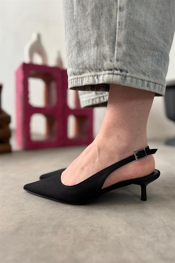 Meanj Siyah Saten Kadın Topuklu Ayakkabı