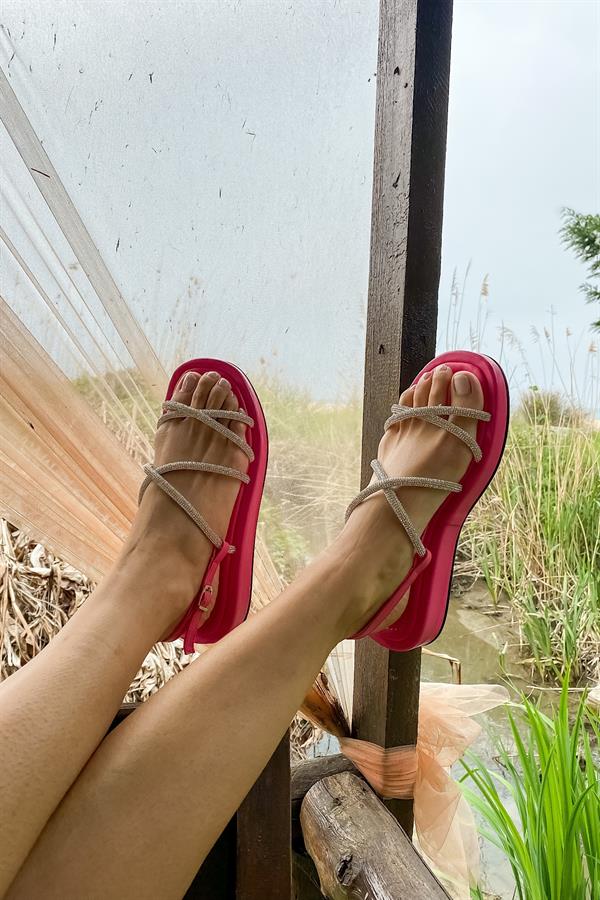 Melon Fuşya Taşlı Kadın Sandalet