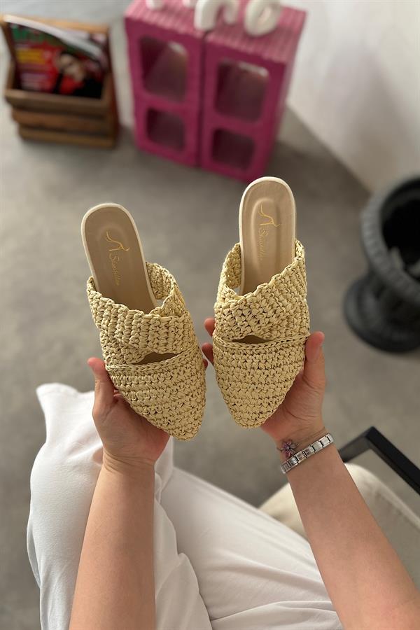 Mens Hasır Örgü Detaylı Kadın Terlik