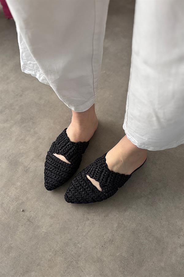 Mens Siyah Örgü Detaylı Kadın Terlik