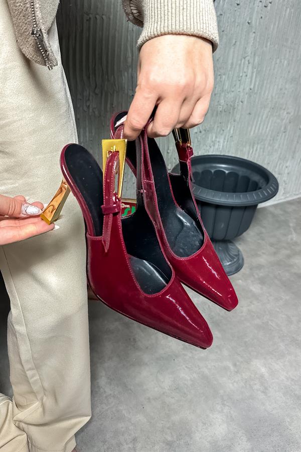 Merica Bordo Rugan Gold Toka Detaylı Kadın Topuklu Ayakkabı