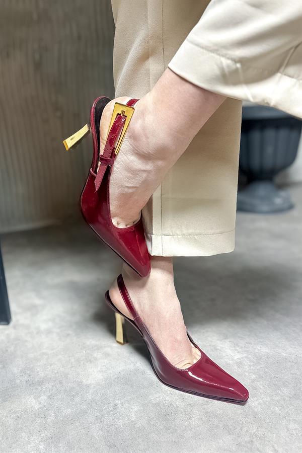 Merica Bordo Rugan Gold Toka Detaylı Kadın Topuklu Ayakkabı