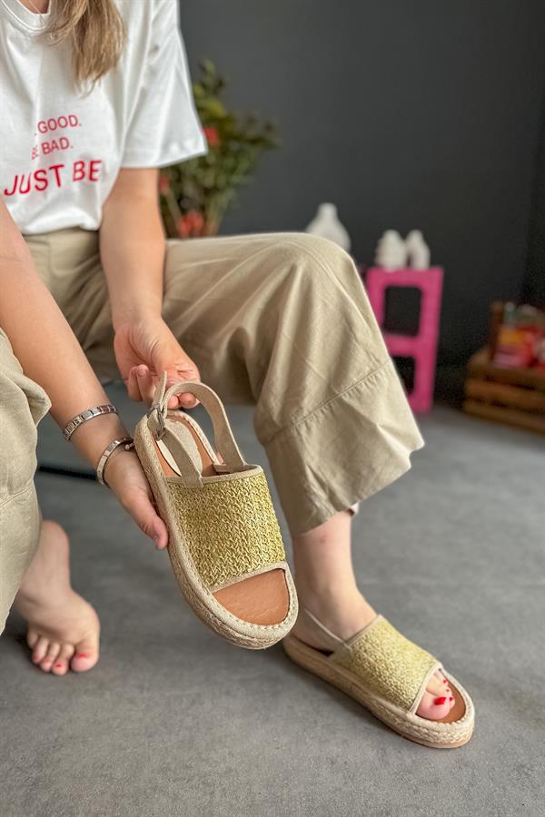 Merin Bej Hasır Biyeli Kadın Sandalet