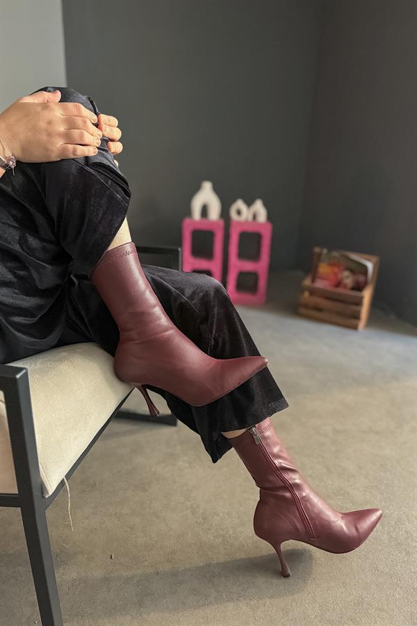 Mesia Bordo Cilt Streç Fermuarlı Kadın Topuklu Bot