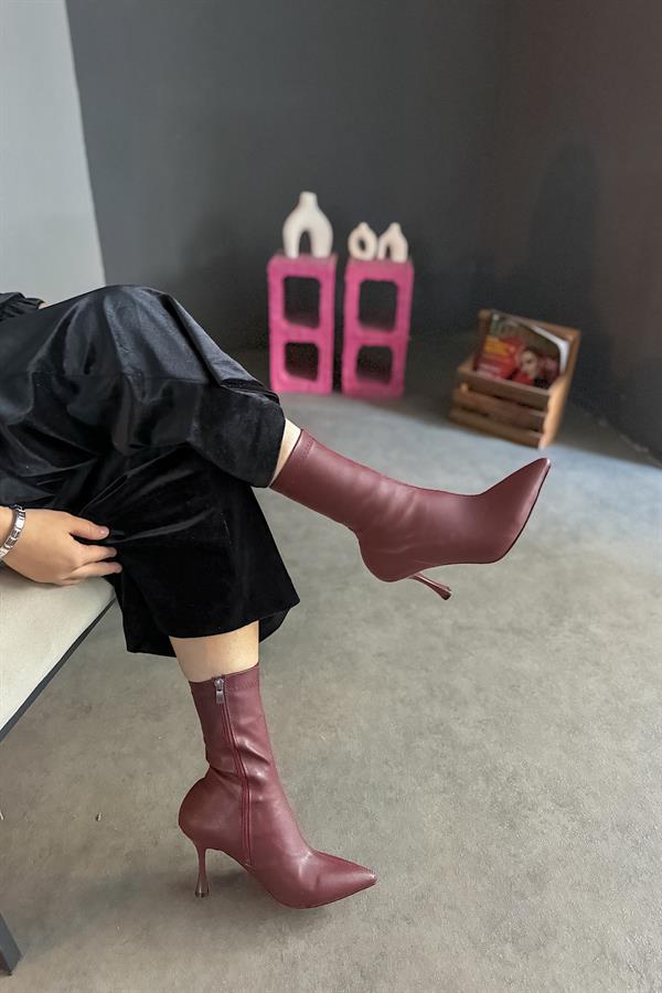 Mesia Bordo Cilt Streç Fermuarlı Kadın Topuklu Bot