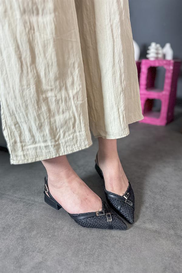 Miay Siyah Hasır İki Kemer Detaylı Kadın Babet