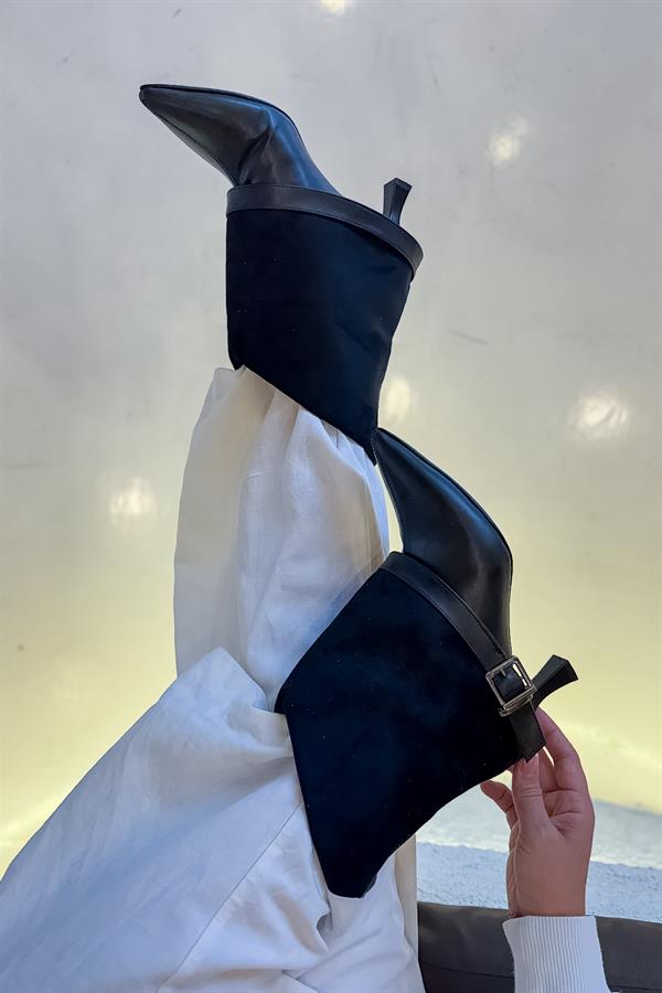 Mikron Siyah Cilt Kemer Detaylı Kadın Topuklu Bot